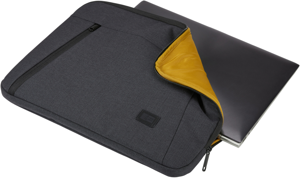 Laptop in een donkergrijze hoes. Hoes is open, met een gele binnenkant.