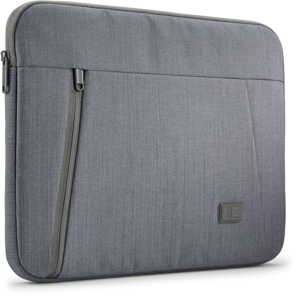 Housse grise pour ordinateur portable avec fermeture éclair, poche et logo.