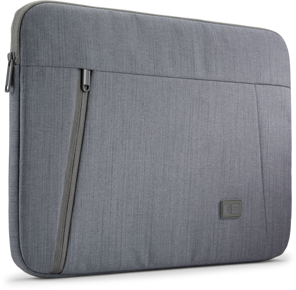 Grijze laptoptas met rits en klein logo.