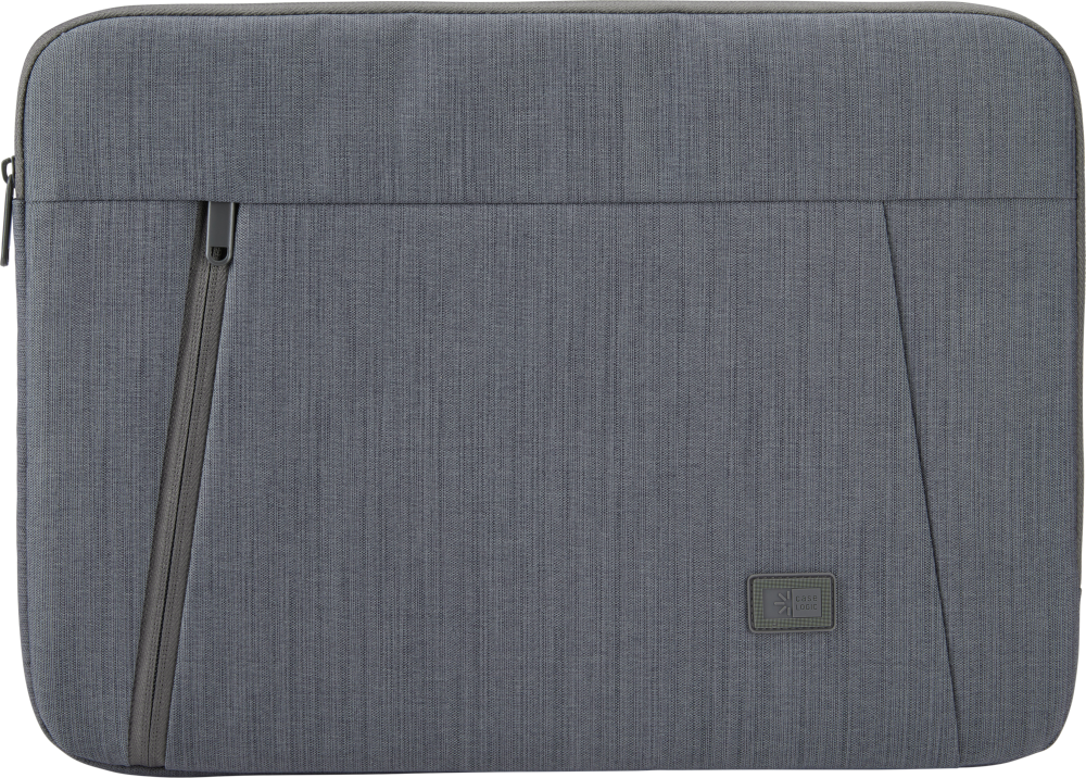 Grijze laptoptas met een rits. Een label met een logo staat in het midden.