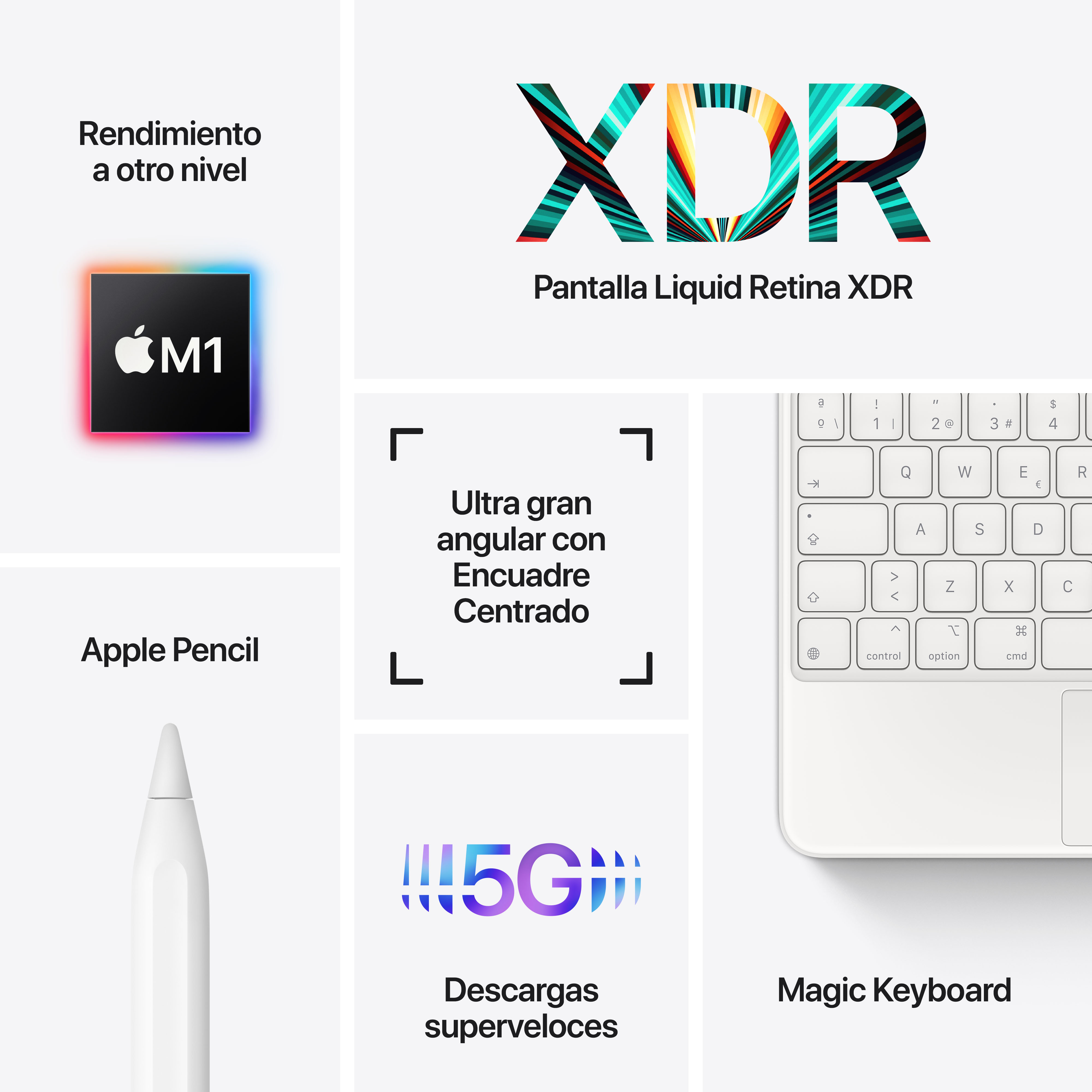 Anuncio del iPad de Apple. Características: chip M1, pantalla Liquid Retina XDR, Apple Pencil, Magic Keyboard, 5G.