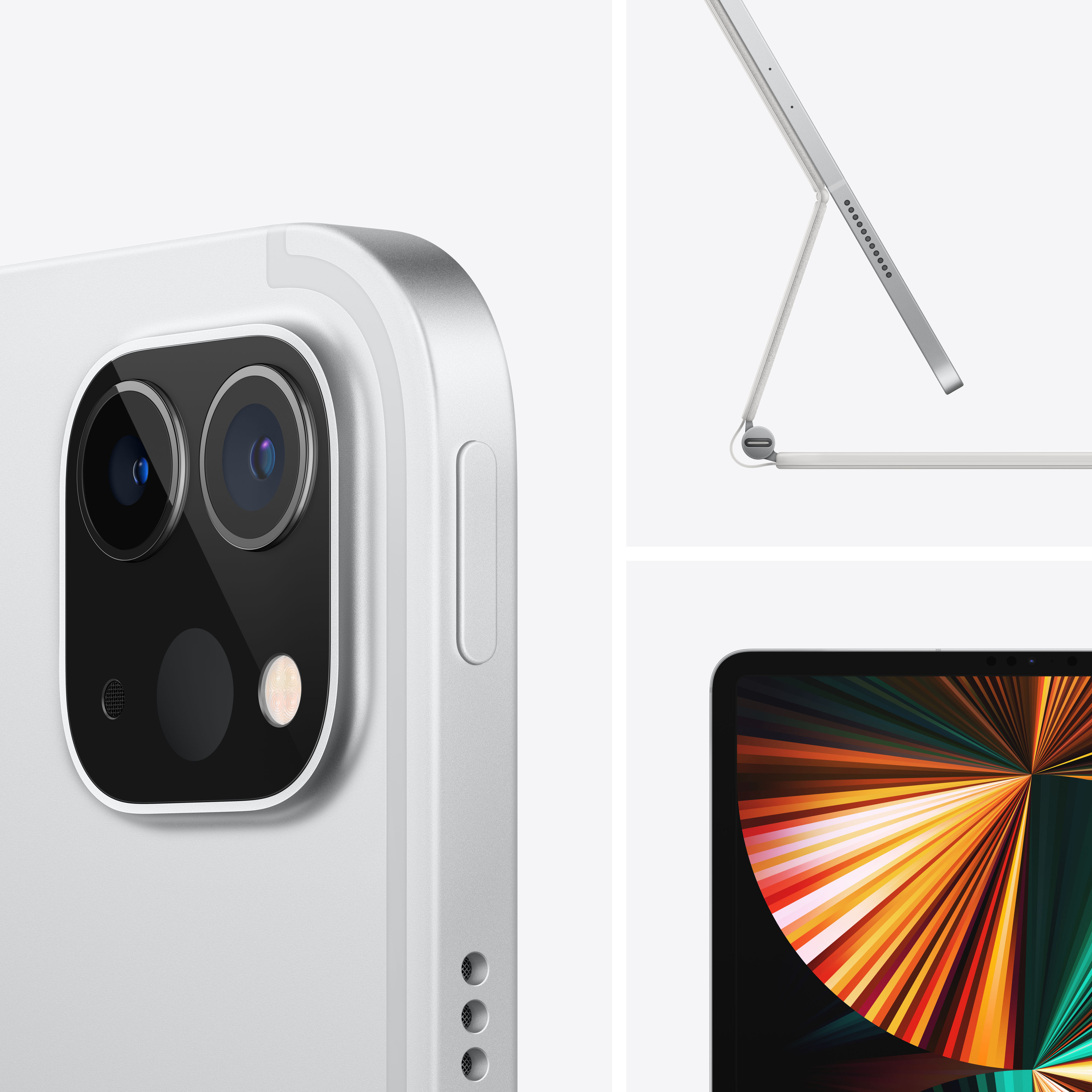 Primer plano de tableta plateada mostrando cámaras y soporte. Fondo blanco.
