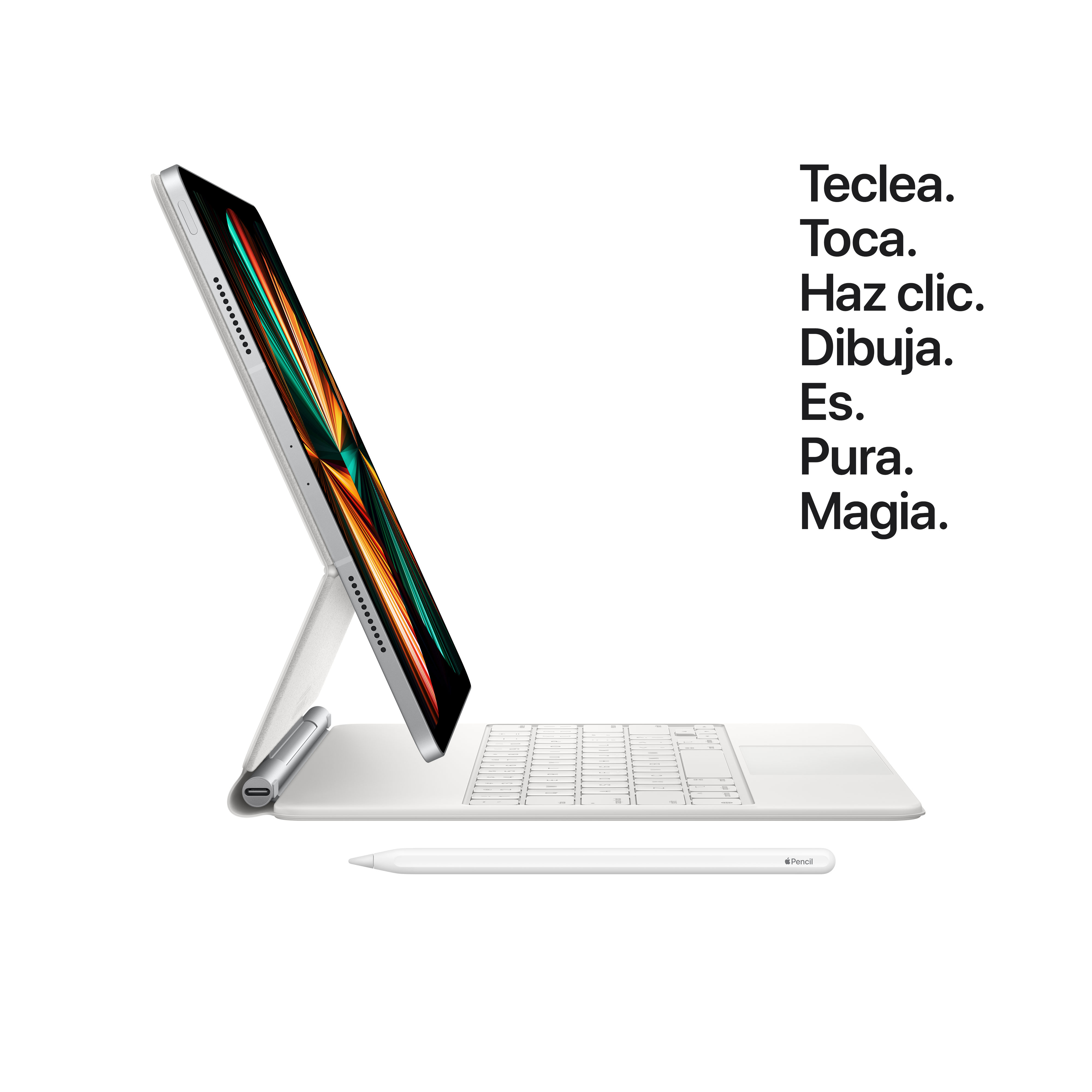 Un iPad Pro con teclado y lápiz sobre fondo blanco, con texto a la derecha.