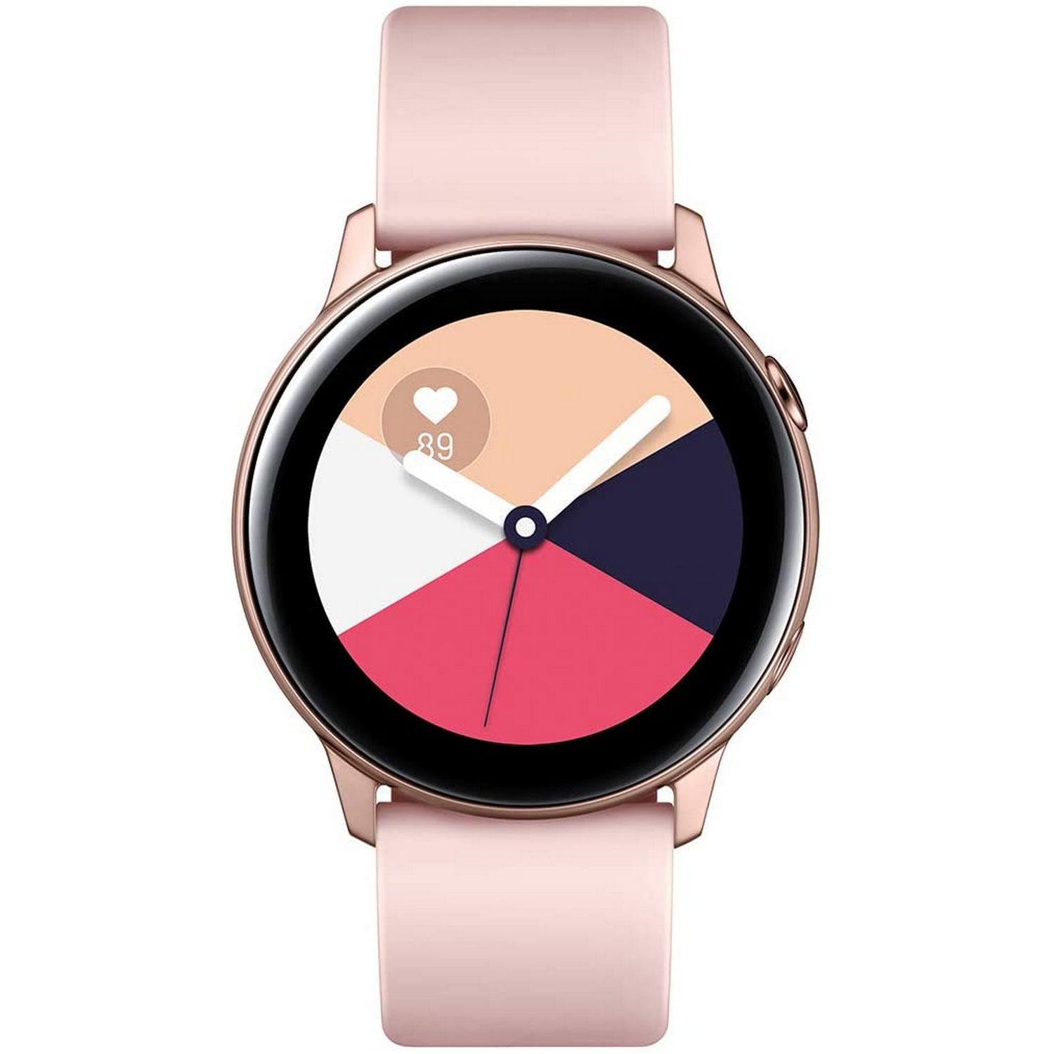 Smartwatch oro rosa con correa rosa y pantalla circular colorida que muestra la hora.