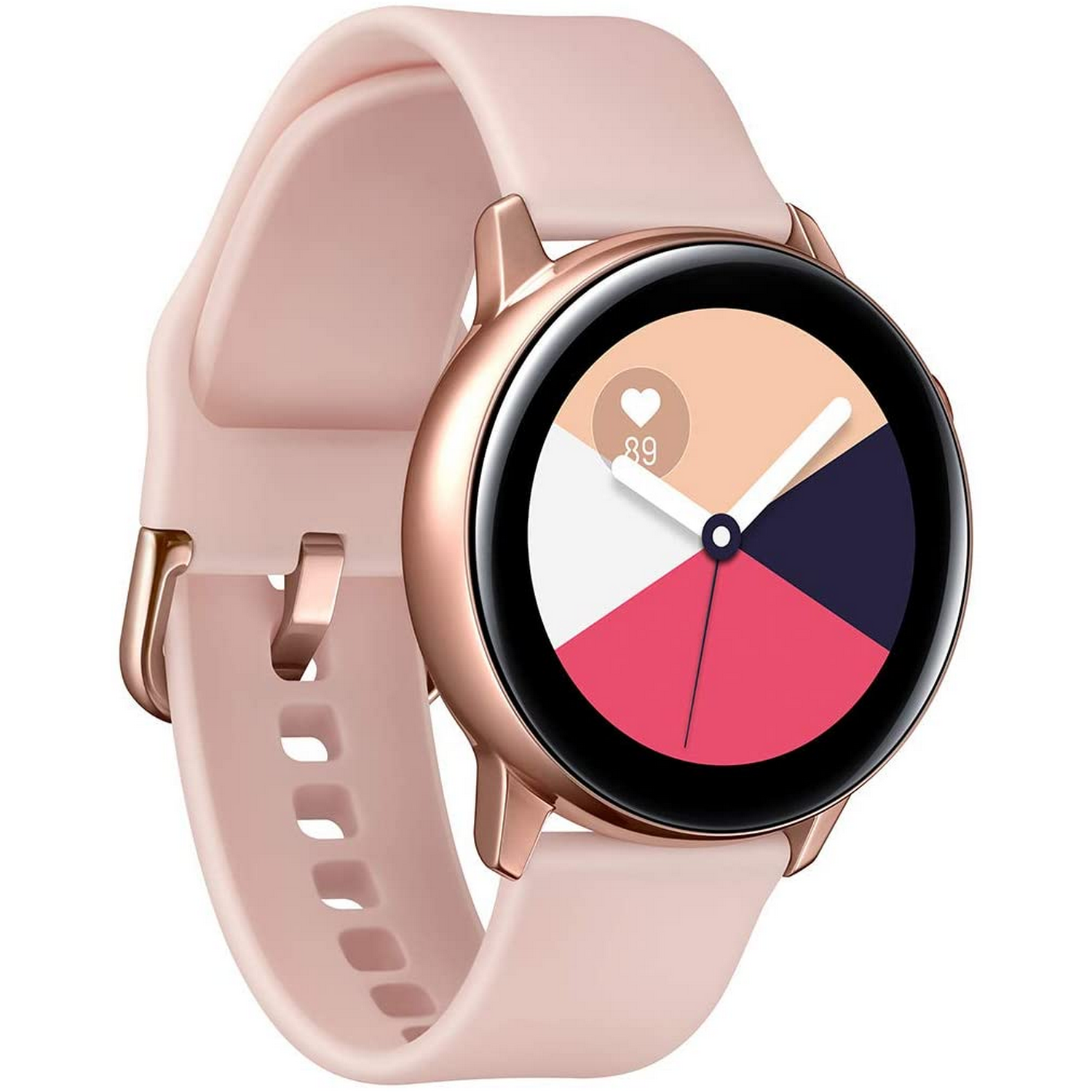 Reloj inteligente rosa con correa rosa. La esfera muestra segmentos coloridos y un icono de corazón.