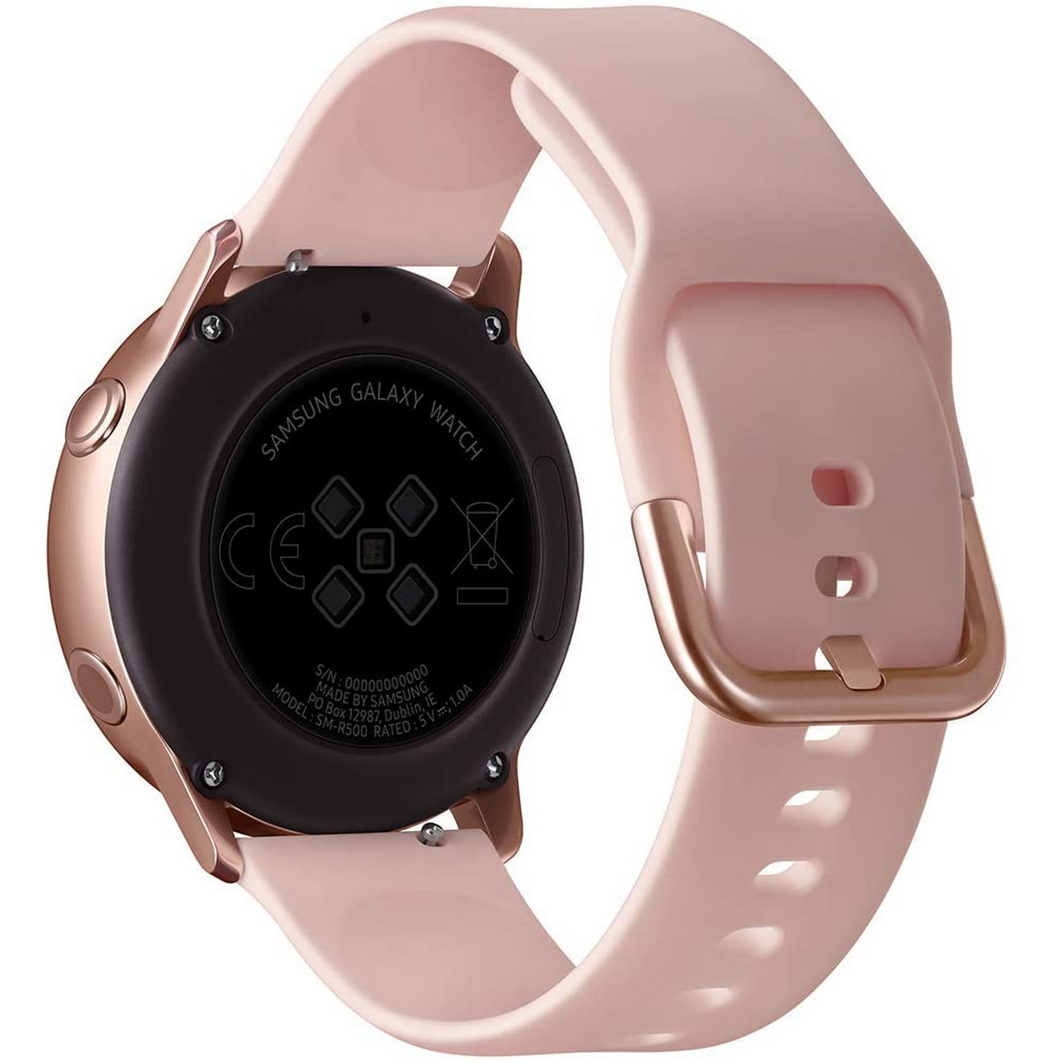 Vista trasera de un smartwatch oro rosa con correa rosa. El reloj muestra información.