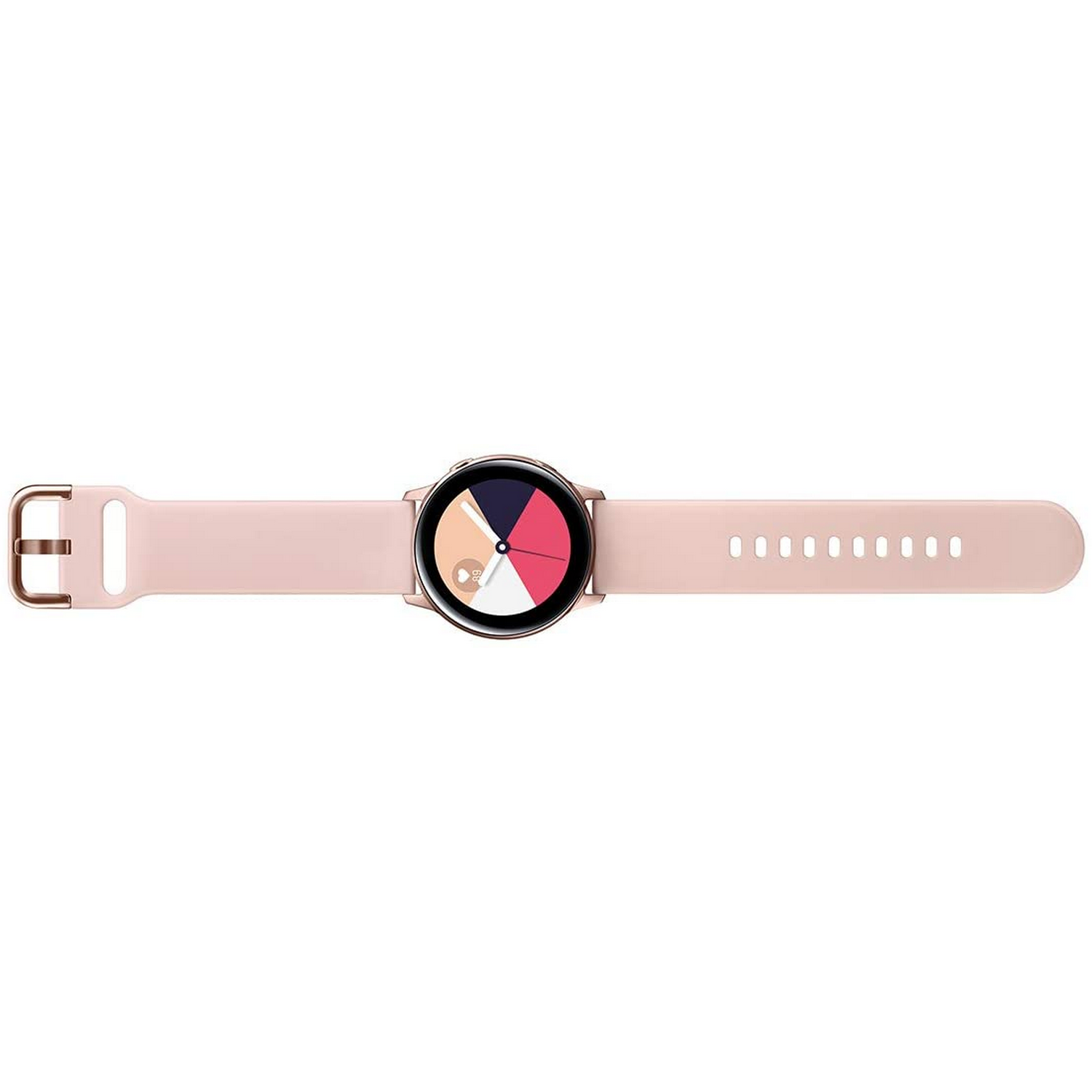 Smartwatch rosa con correa rosa, esfera colorida. Vista superior.