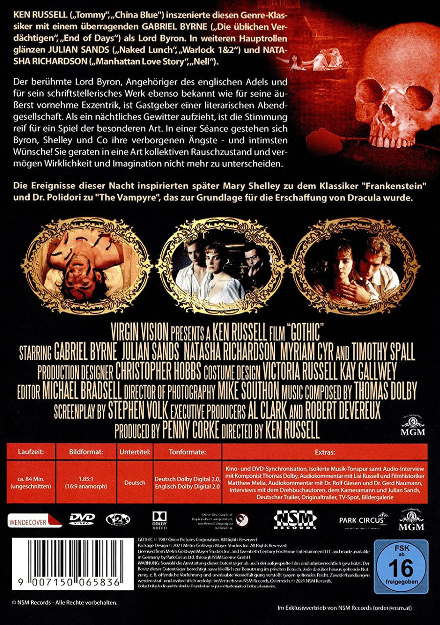 Rückseite einer Gothic-Film-DVD-Hülle mit Besetzung und Credits sowie einem Schädel.