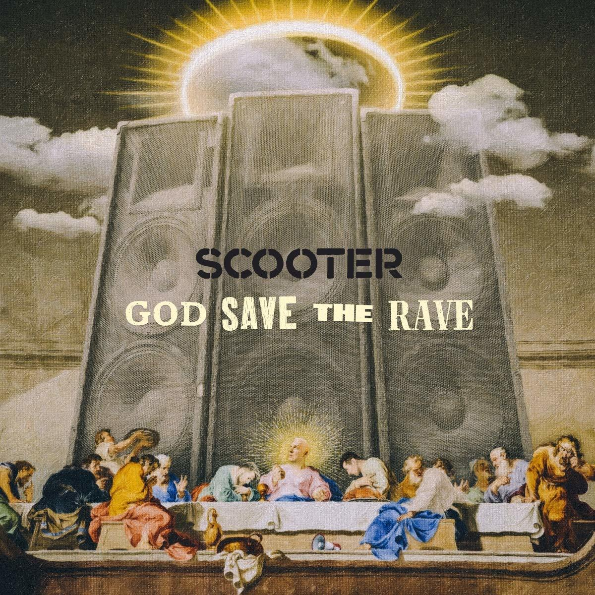 Albumcover für Scooter: God Save The Rave. Enthält ein Abendmahl-ähnliches Bild mit elektronischen Musikelementen.
