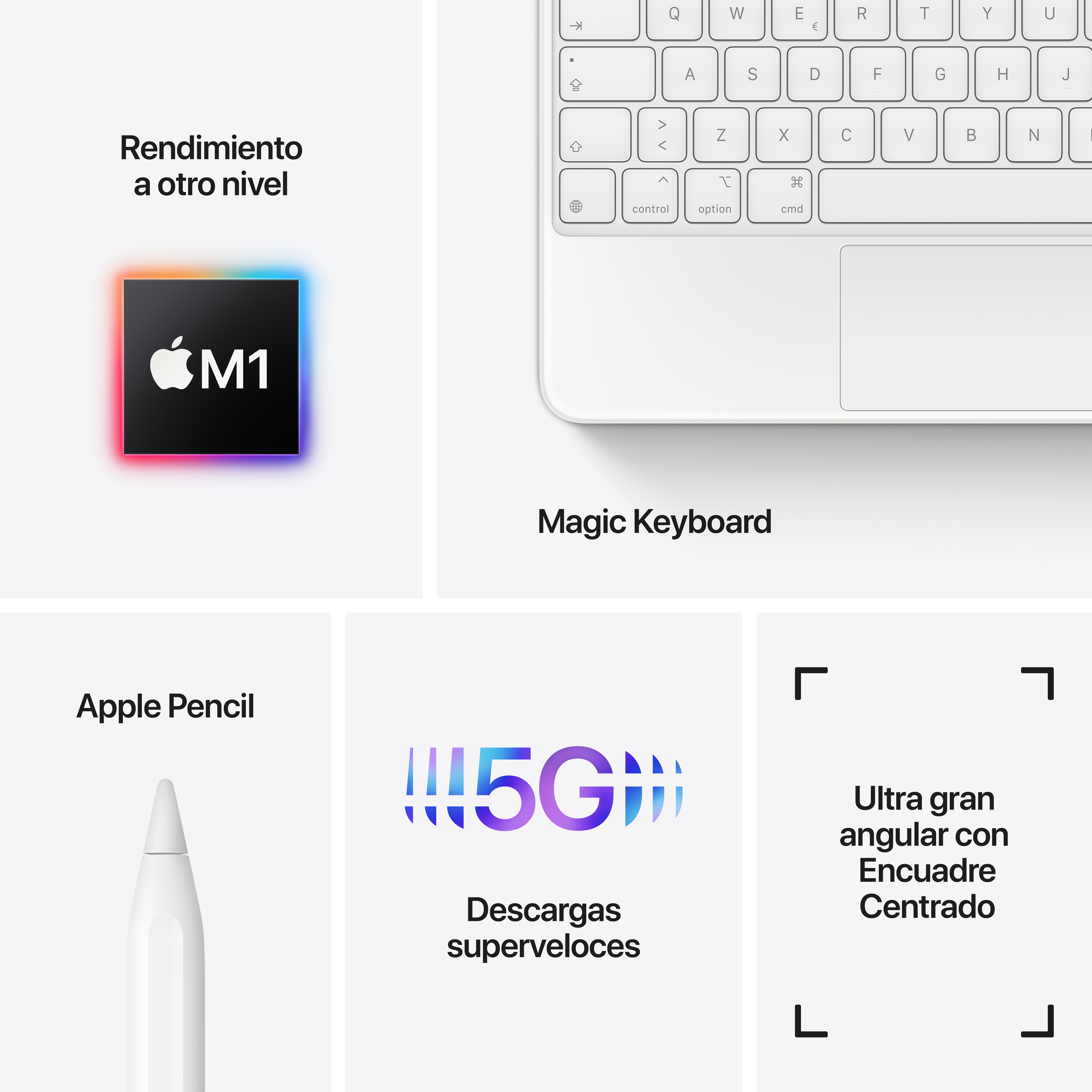 Un collage con un chip M1 de Apple, Magic Keyboard, Apple Pencil, símbolo 5G y texto que describe funciones.