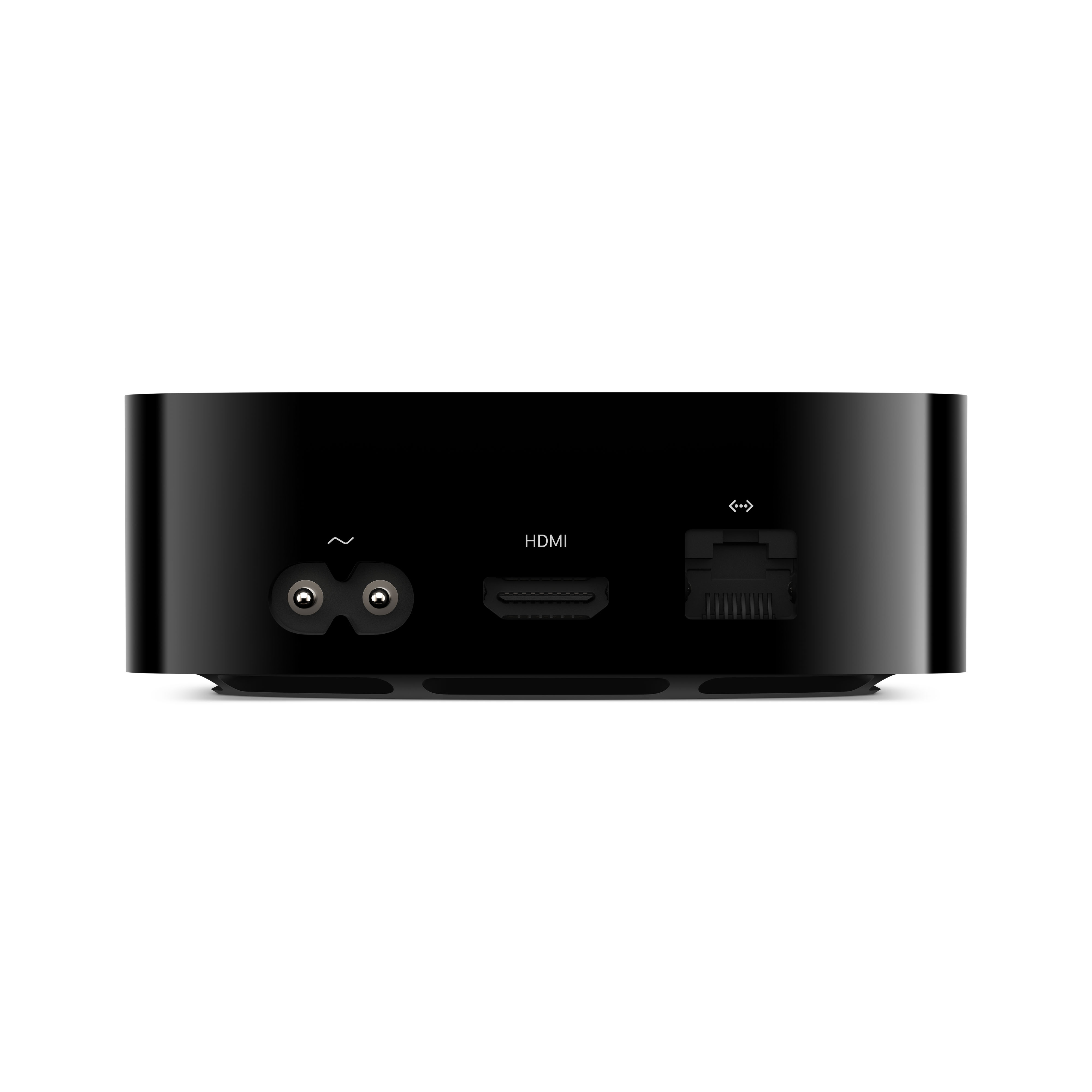 Schwarze Apple TV Rückseite mit Anschlüssen. Weißer Hintergrund.