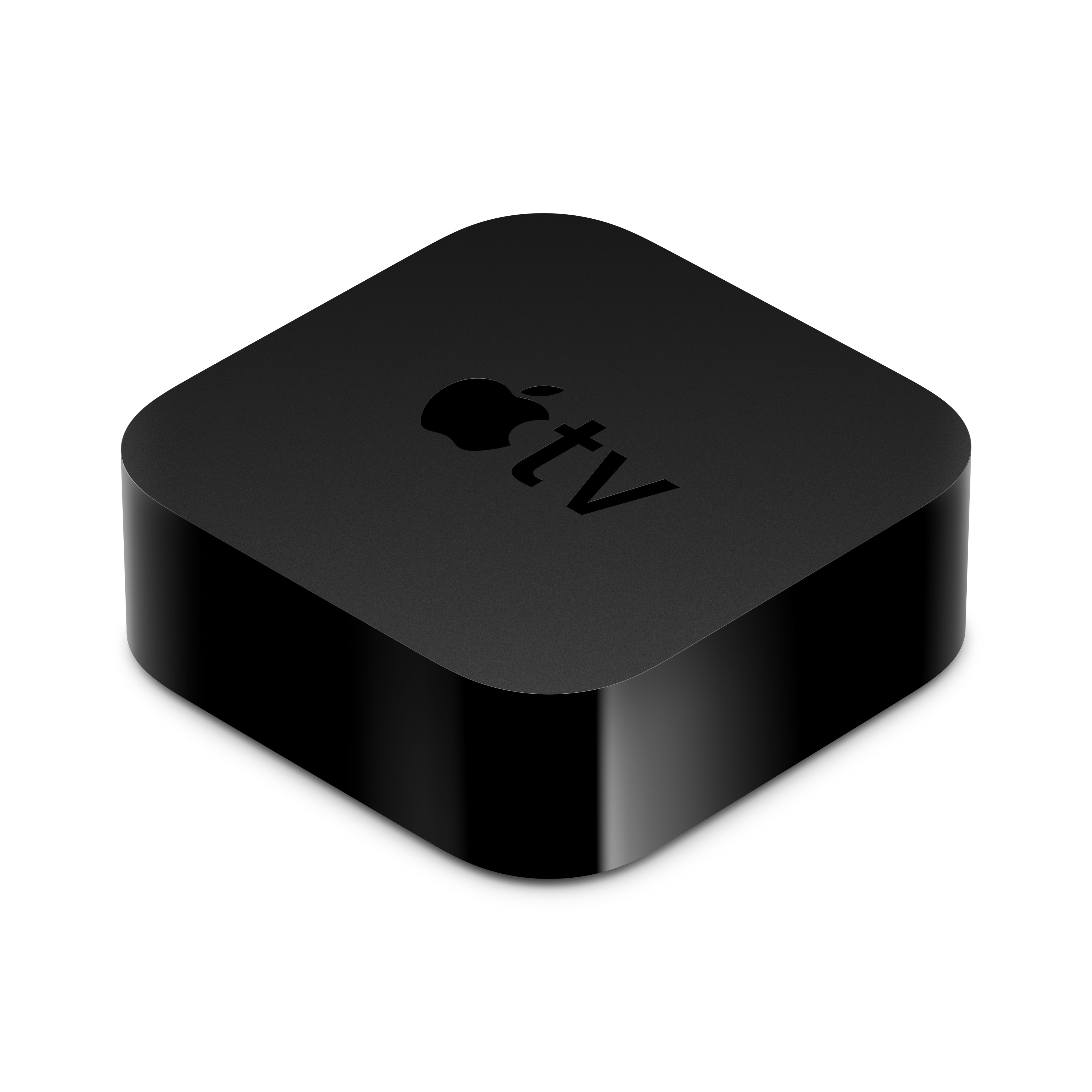 Ein schwarzes Apple TV-Gerät. Es ist quadratisch mit abgerundeten Kanten, und das Apple-Logo ist oben.