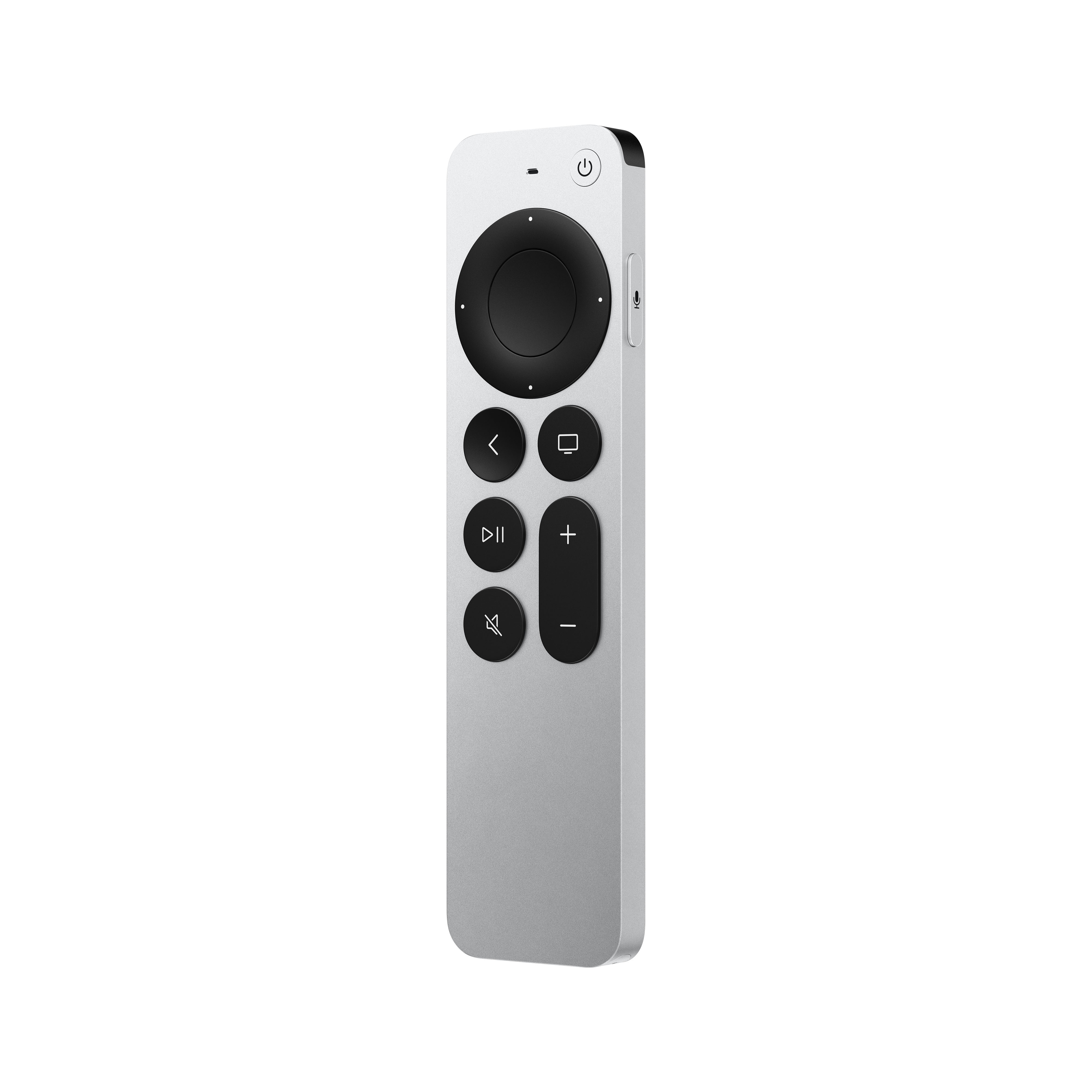 Silberne Apple TV Fernbedienung. Sie hat ein schwarzes kreisförmiges Steuerkreuz und Knöpfe.
