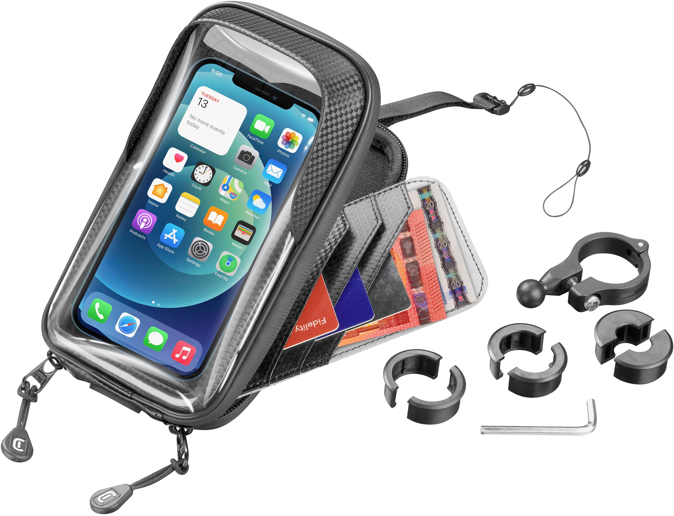 Custodia per telefono con telefono all'interno, carte di credito e accessori. Custodia nera e trasparente. Sfondo bianco.