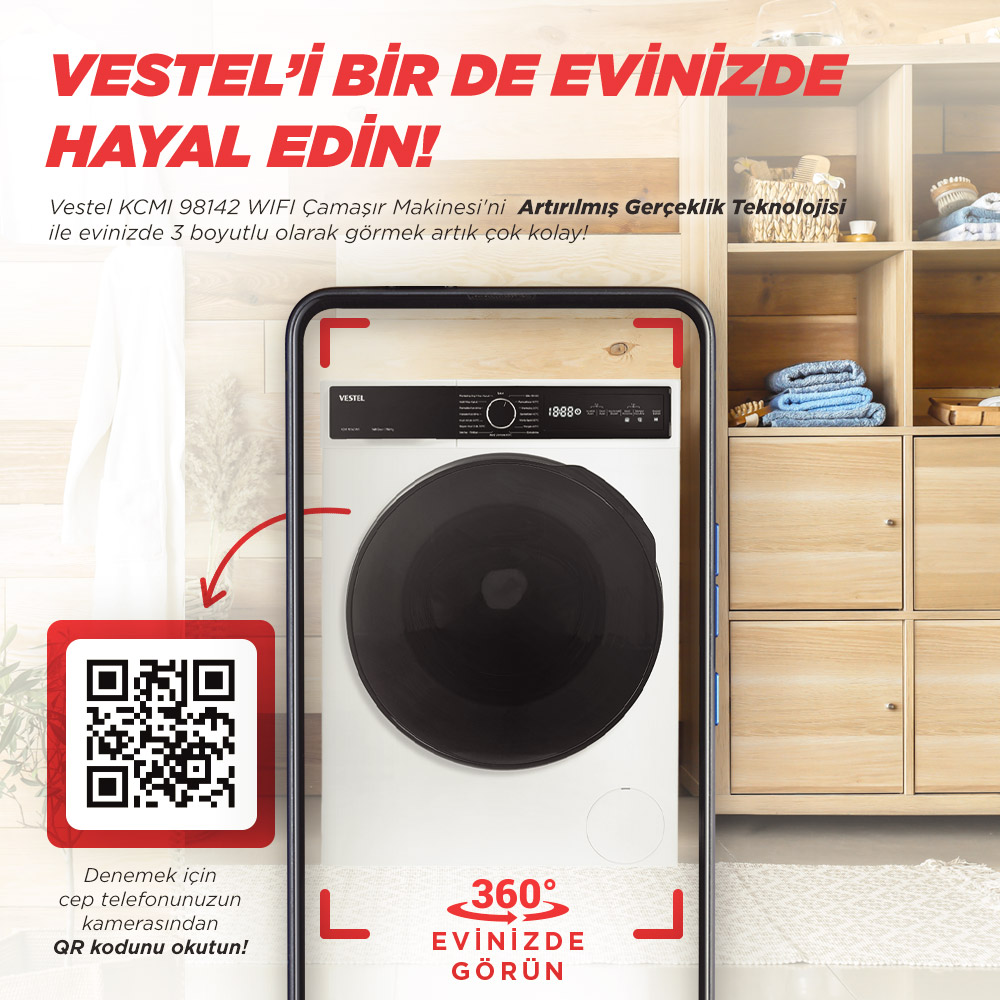 Akıllı telefon, metin ve bir QR kodu ile bir odada bir çamaşır makinesi gösteriyor.
