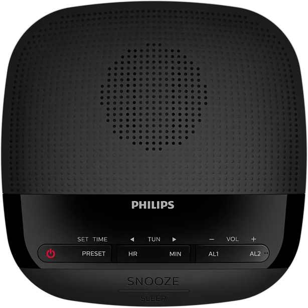 Fekete Philips ébresztőóra, felülnézet, gombokkal az idő és a riasztások beállításához.