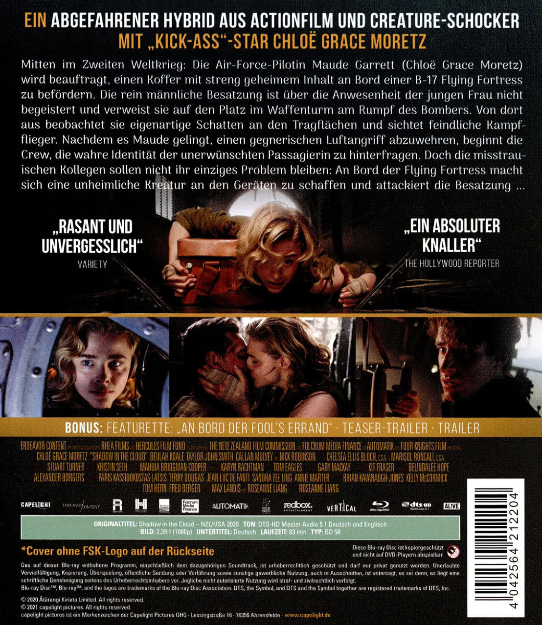 Filmposter, Shadow in the Cloud, mit Text und Gesichtern der Schauspieler.