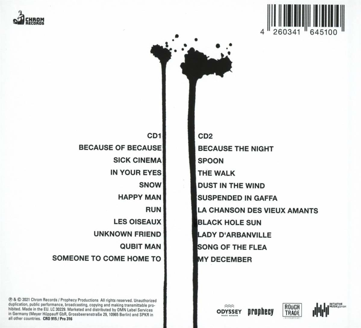 Rückseite einer CD-Hülle mit Songtiteln und Logos. Der Hintergrund ist weiß.
