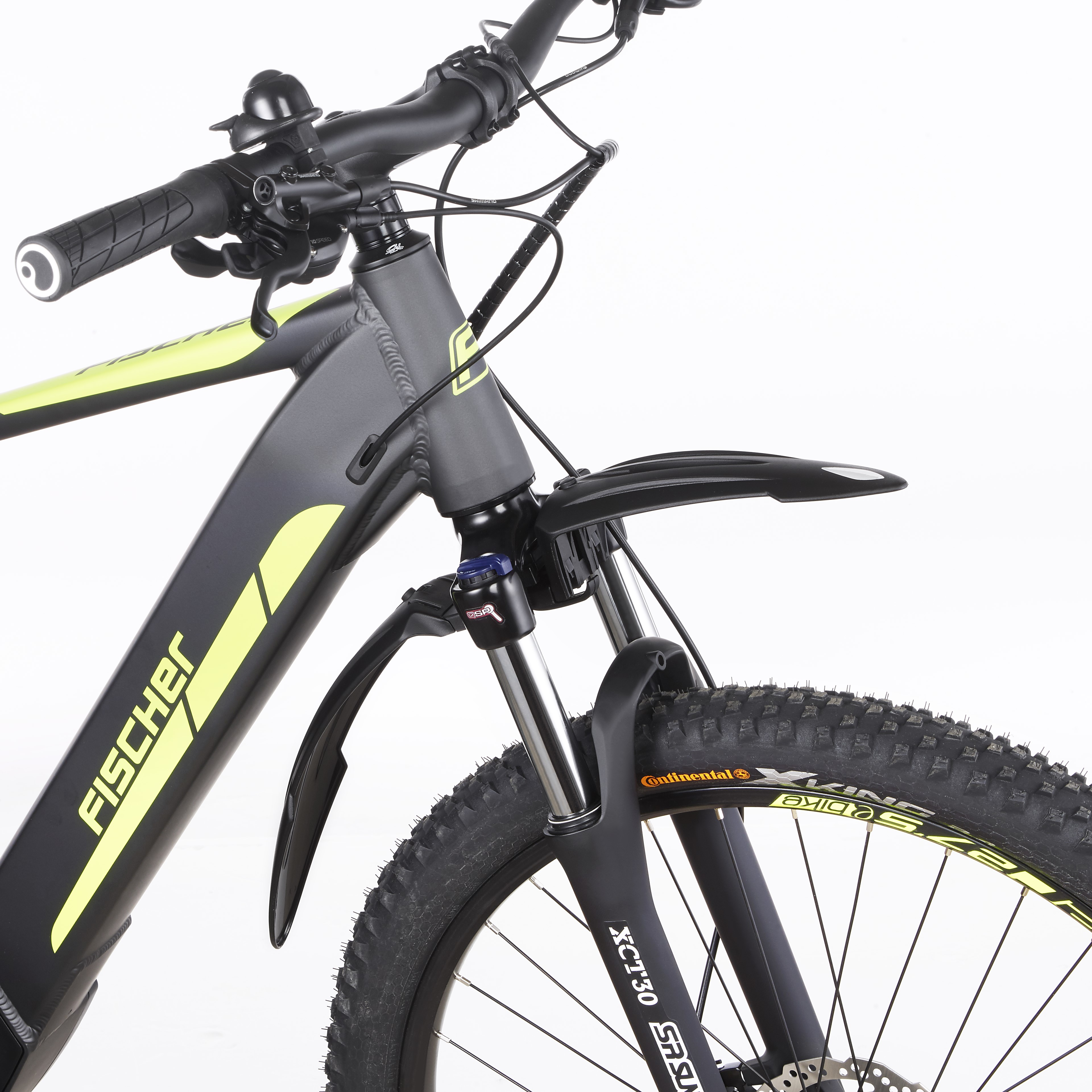 Schwarz-graues Fahrrad mit gelben Akzenten, weißer Hintergrund.