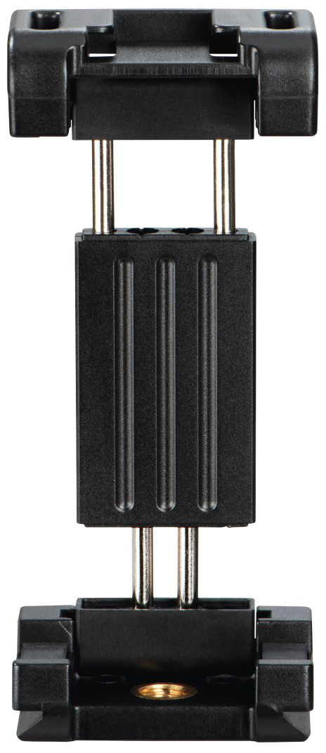 Schwarzer Telefonhalter mit zwei silbernen Stäben und schwarzen Clips.