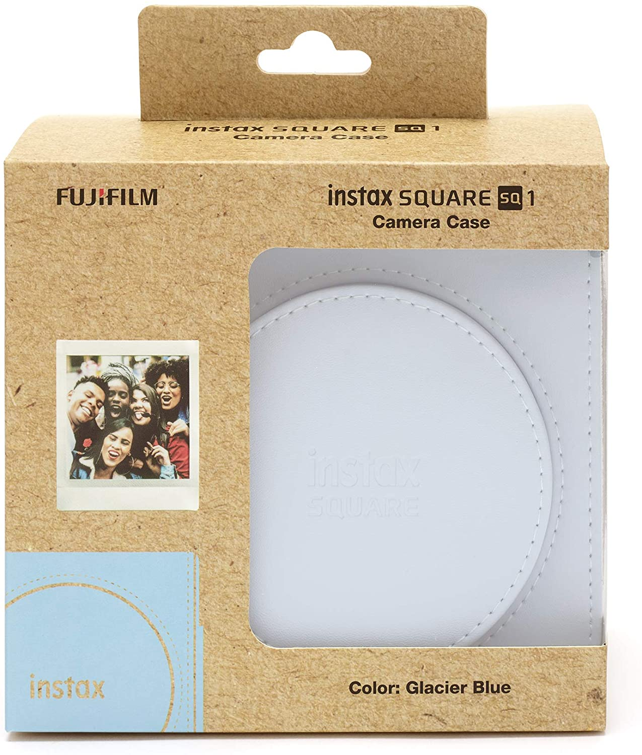 Instax Square SQ1 Kamerataschenbox in Glacier Blue. Die Box zeigt ein Foto und die Tasche.