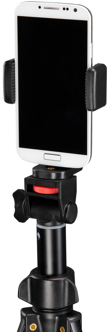 Smartphone montato su un treppiede per registrare video. Telefono bianco, treppiede nero.