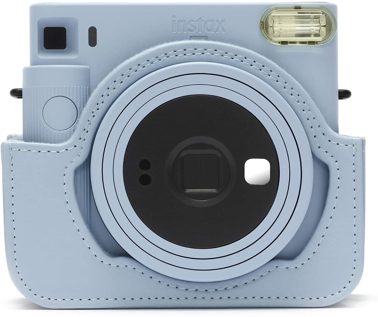 Eine hellblaue Instax-Kamera in einer passenden Hülle.