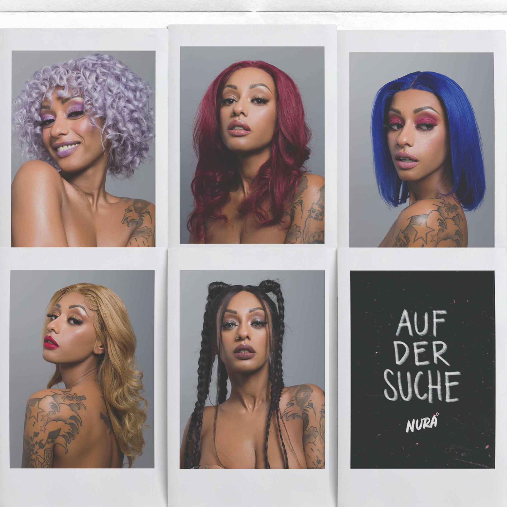 Sechs Polaroid-Fotos einer Frau mit verschiedenfarbigen Perücken und Make-up.