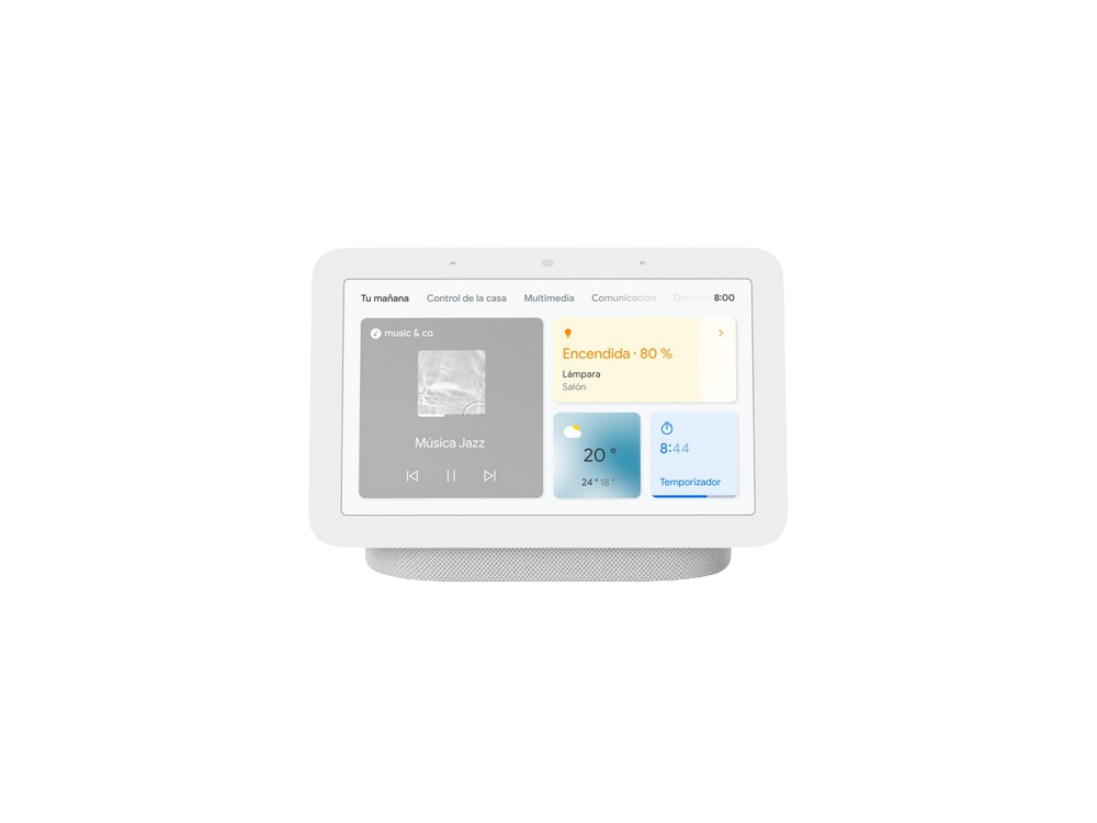 Pantalla inteligente Google Nest Hub, que muestra un panel de control del hogar con controles de música, iluminación y temperatura.