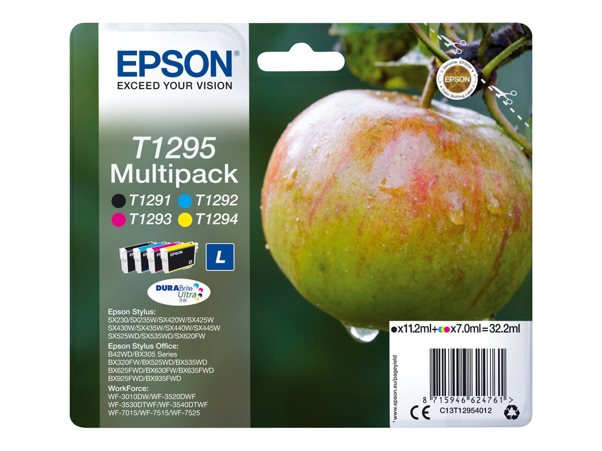 Epson Tintenpatronen-Multipack. Zeigt Tintenpatronen und eine Nahaufnahme eines roten und grünen Apfels.