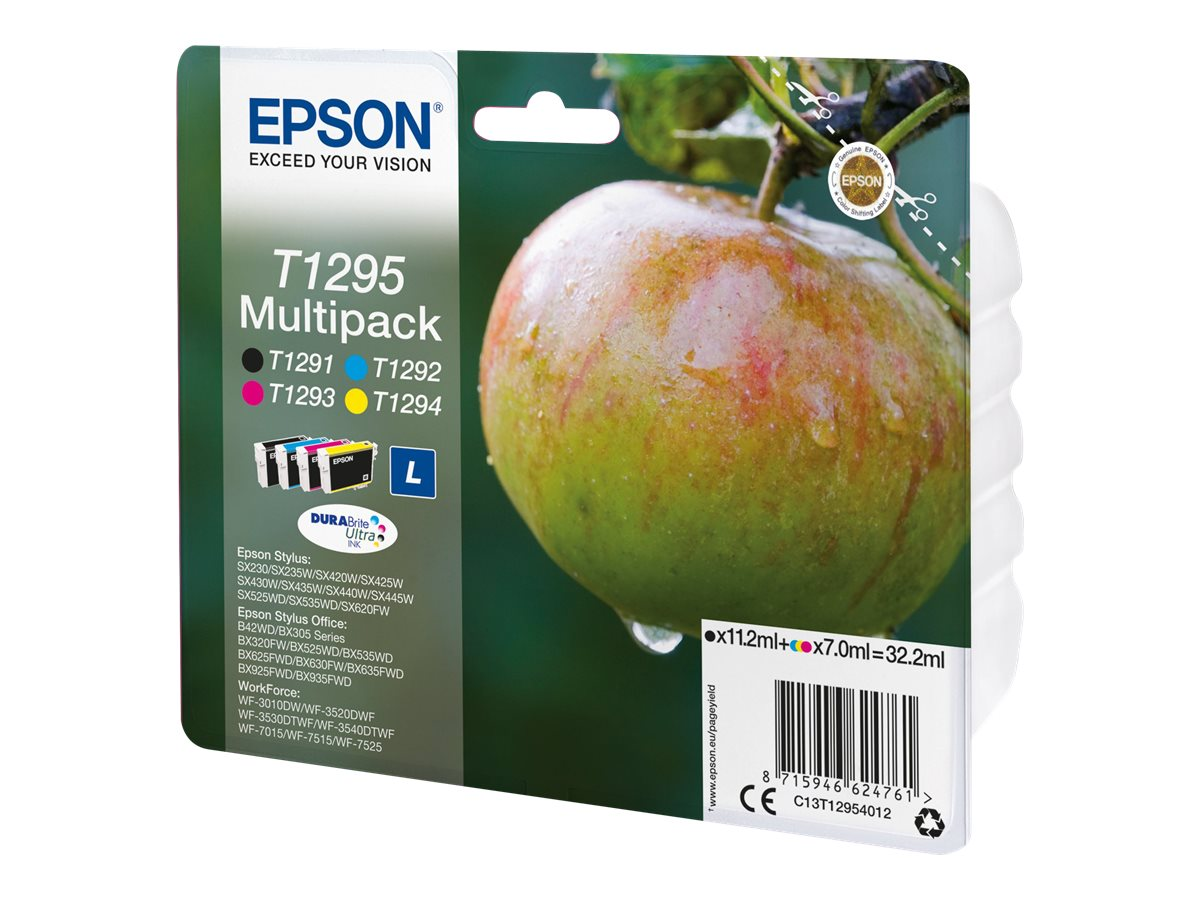 Epson Tintenpatronen-Multipack mit Apfel-Grafik. Patrone enthält verschiedene Tintenfarben.