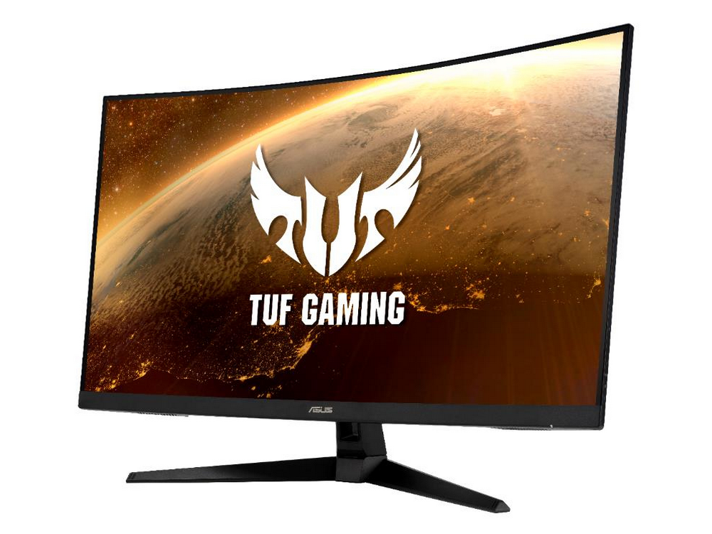 Monitor curvo con logo TUF GAMING, escena espacial, base negra.