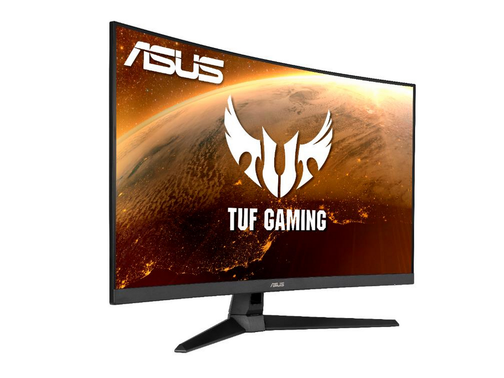 Un monitor ASUS curvo con el logo TUF GAMING.