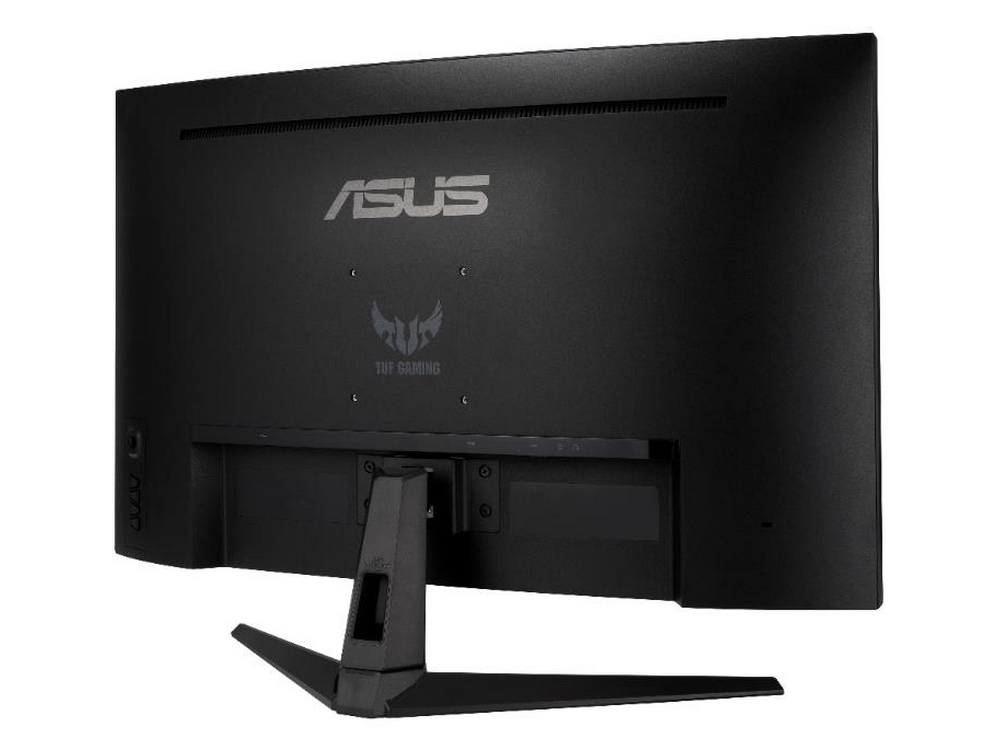 Monitor ASUS negro, vista trasera, con logotipos ASUS y TUF Gaming.