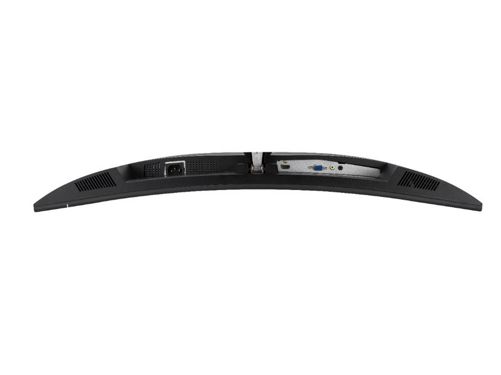 La parte trasera de un monitor curvo con puertos y entrada de alimentación visibles, sobre un fondo blanco.