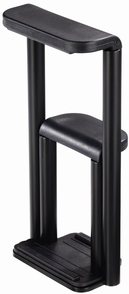 Support de téléphone noir avec deux barres verticales et un support incurvé. Fond blanc.