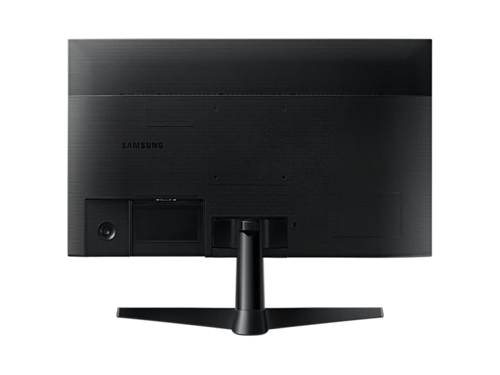 Vista trasera de un monitor de computadora negro. Tiene soporte, puertos y el logo Samsung.