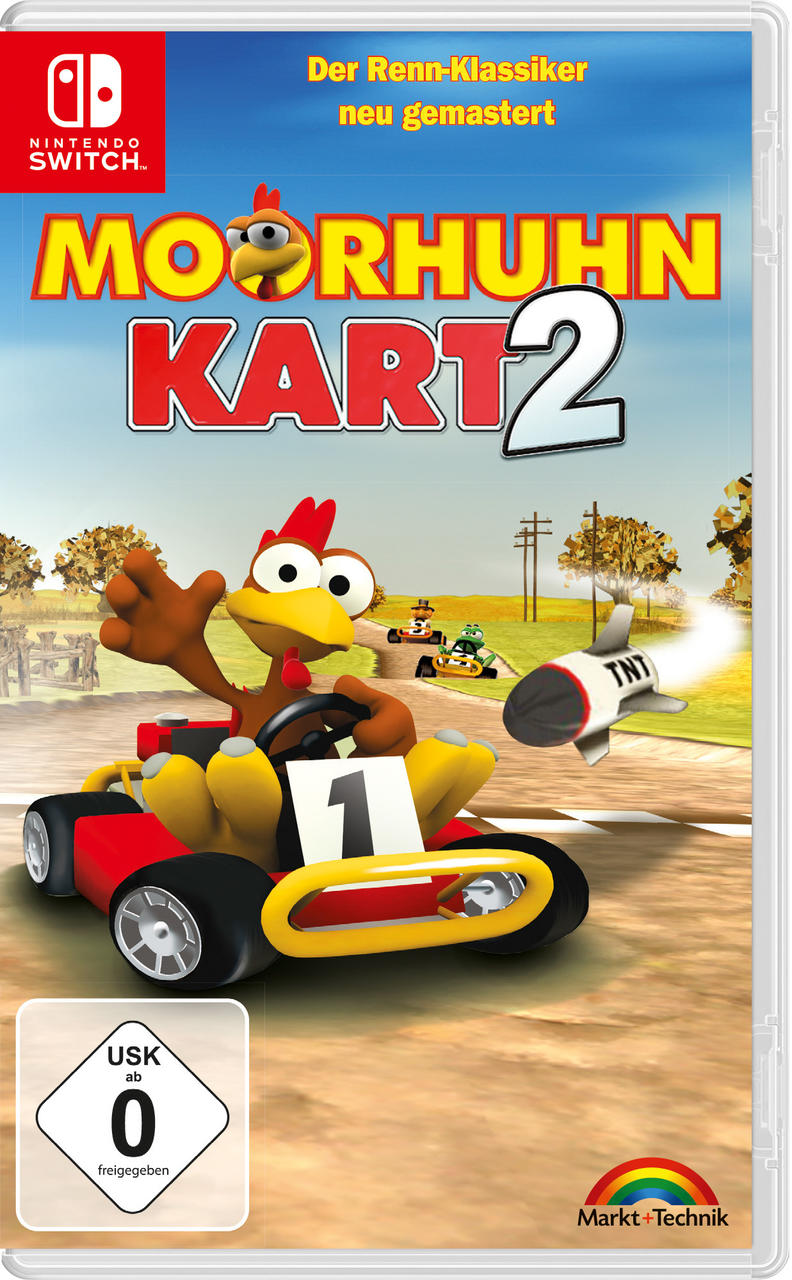 Spielbox-Art mit einem Huhn in einem Kart, einer TNT-Rakete und dem Spieletitel 'Moorhuhn Kart 2'.
