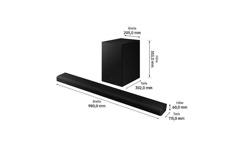 Schwarze Soundbar und Subwoofer mit Abmessungen in mm.