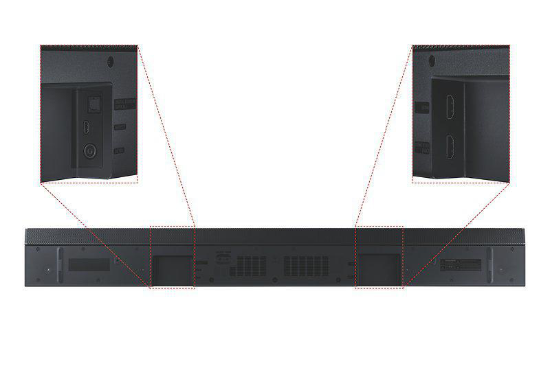 Rückansicht einer schwarzen Soundbar mit Anschlüssen und Details. Nahaufnahmen zeigen HDMI und andere Anschlüsse.