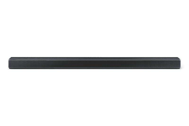 Eine lange, schwarze Soundbar auf weißem Hintergrund. Es ist ein horizontales Rechteck.