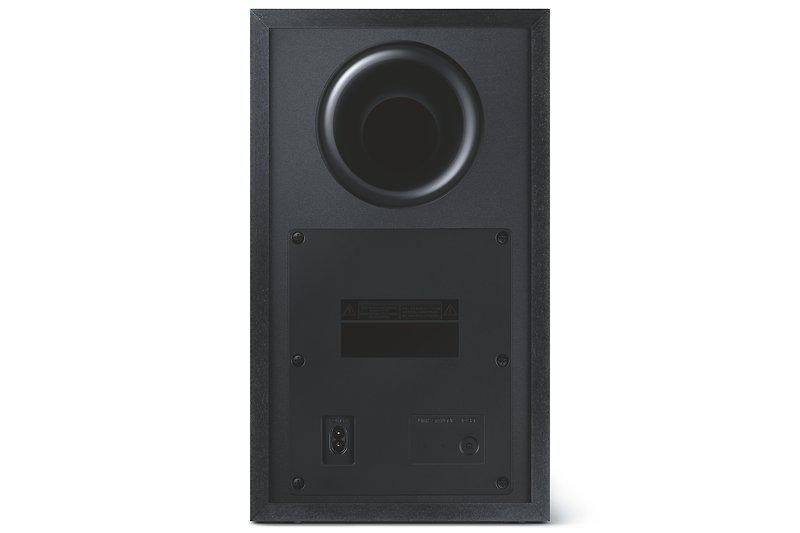 Rückseite einer schwarzen Soundbar. Strom- und Audioeingangsanschlüsse sichtbar.
