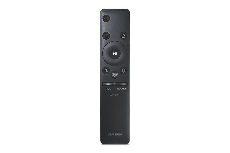 Schwarze Samsung Soundbar-Fernbedienung mit verschiedenen Tasten und dem Samsung-Logo.