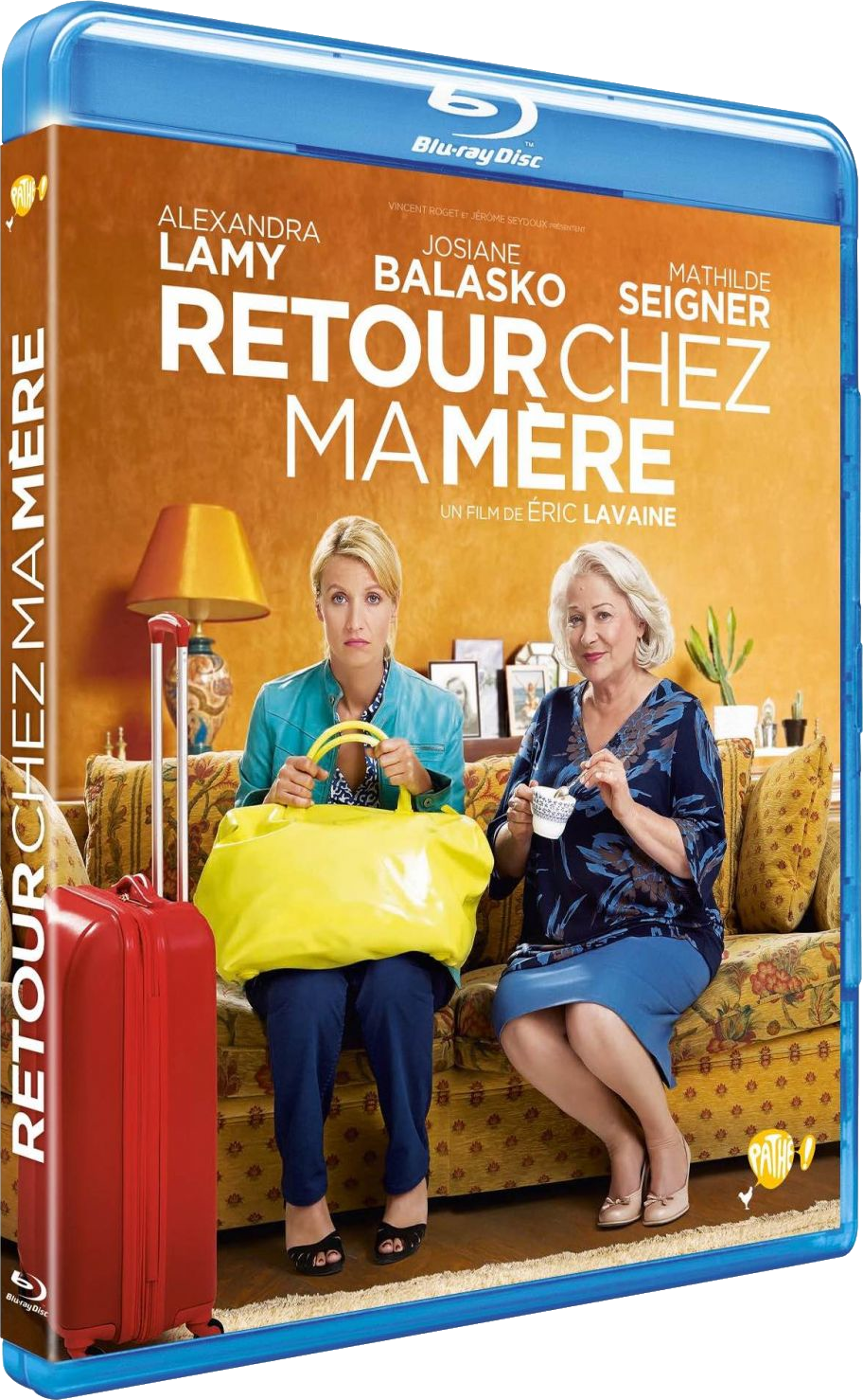 DVD-hoes, Franse film 'Retour Chez Ma Mère'. Toont twee vrouwen en een koffer.
