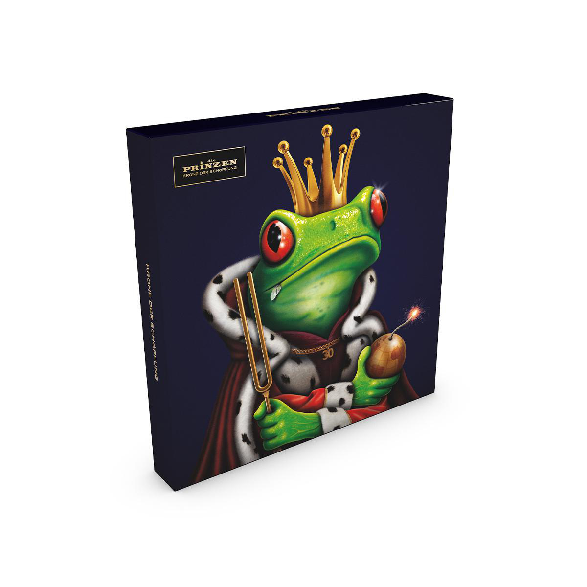 Froschkönig mit Krone, hält Stimmgabel und Bombe auf dem Cover.
