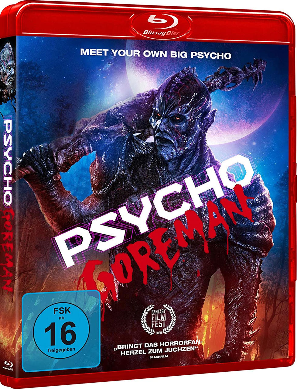 Blu-ray-Hülle, PSYCHO GOREMAN, mit Monster-Illustration und Bewertungsetikett.