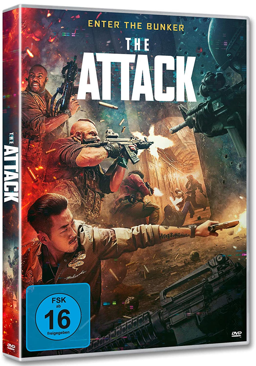 DVD-Cover: Actionfilm 'The Attack'. Männer mit Waffen, Explosionen und der Titel.