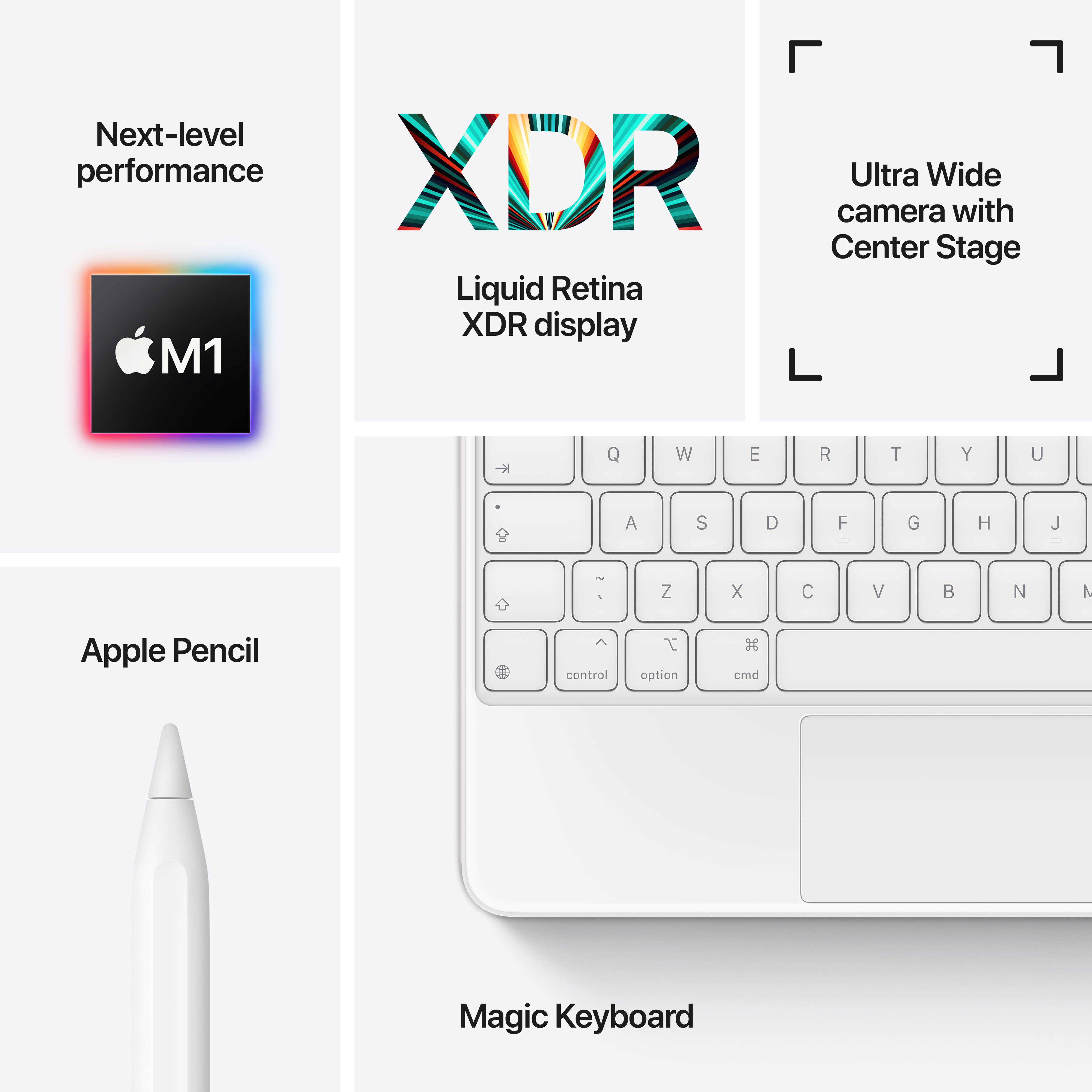 Collage von Apple-Produkten: M1-Chip, XDR-Display, Apple Pencil, Tastatur und Ultra-Weitwinkelkamera.
