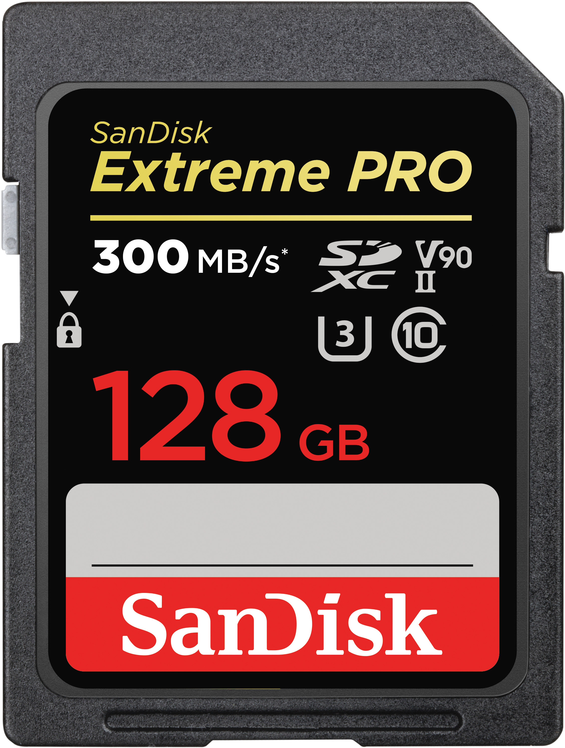 SanDisk Extreme PRO SD-Karte, schwarz, mit roten und gelben Etiketten für Kapazität und Geschwindigkeit.