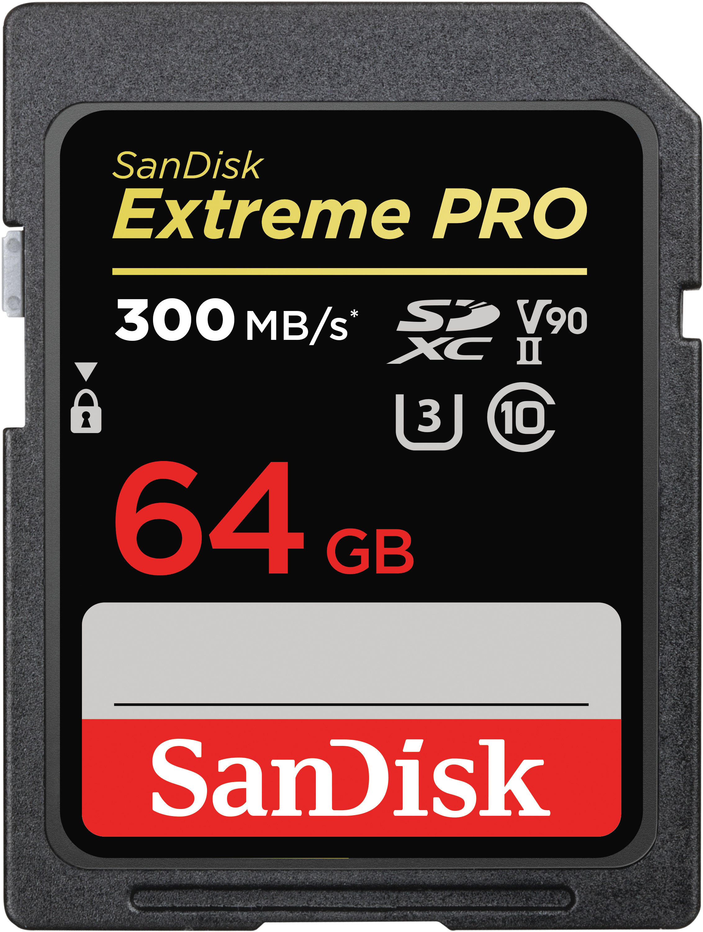 Eine schwarze SD-Karte mit rotem und gelbem Text. Sie trägt die Aufschrift SanDisk Extreme PRO, 64 GB.